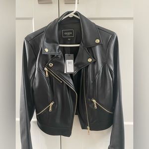 Guess cropped faux leather Moto jacket- black